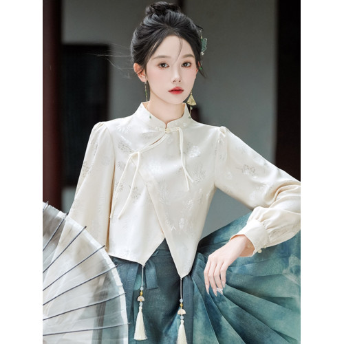 配搭馬面裙的上衣女夏季新款不規則設計感盤釦提花襯衫新中式國風