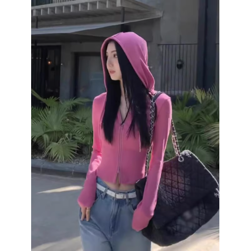 粉色抽繩連帽開衫衛衣女早秋新款雙頭拉鍊設計感顯瘦薄款防曬外套