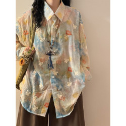 ECOKSOLO早秋日系慵懶風彩色印花蝴蝶刺綉微透罩衫長袖襯衫上衣女