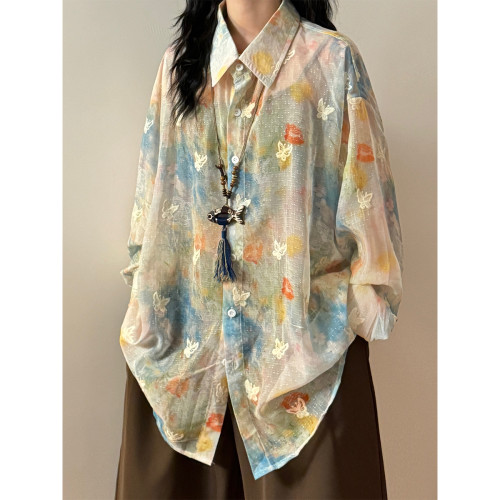 ECOKSOLO早秋日系慵懶風彩色印花蝴蝶刺綉微透罩衫長袖襯衫上衣女