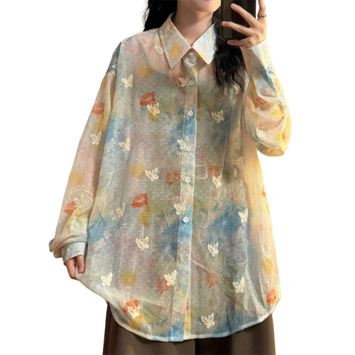 ECOKSOLO早秋日系慵懶風彩色印花蝴蝶刺綉微透罩衫長袖襯衫上衣女