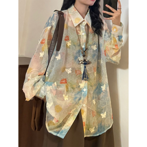 ECOKSOLO早秋日系慵懶風彩色印花蝴蝶刺綉微透罩衫長袖襯衫上衣女