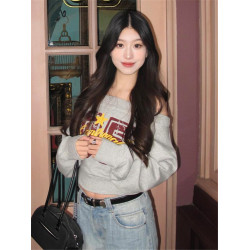 美式辣妹一字領字母印花衛衣女2025新款氛圍感短款露肩長袖上衣潮