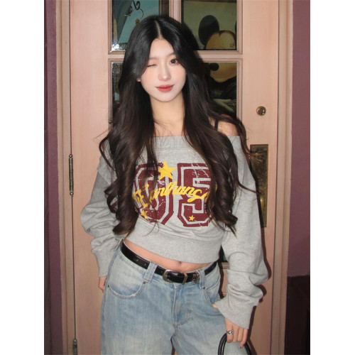 美式辣妹一字領字母印花衛衣女2025新款氛圍感短款露肩長袖上衣潮
