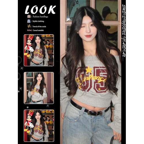 美式辣妹一字領字母印花衛衣女2025新款氛圍感短款露肩長袖上衣潮