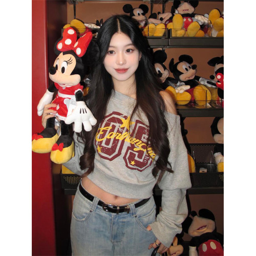 美式辣妹一字領字母印花衛衣女2025新款氛圍感短款露肩長袖上衣潮