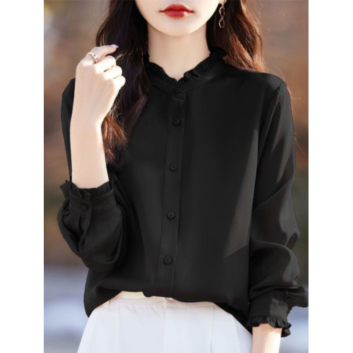 氣質木耳邊襯衫女外套襯衣立領優雅打底開衫內搭時尚上衣長袖百搭