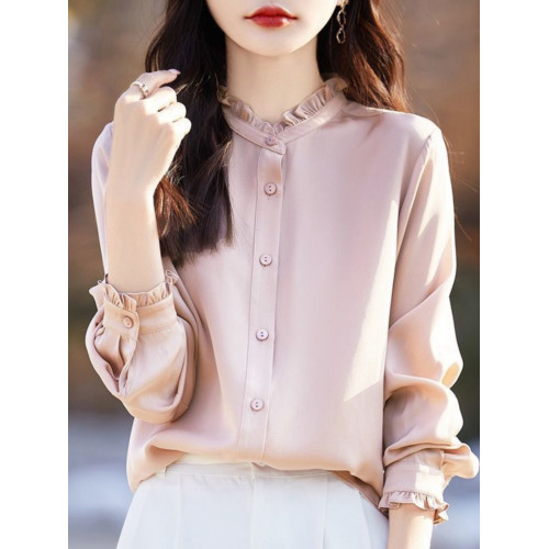 氣質木耳邊襯衫女外套襯衣立領優雅打底開衫內搭時尚上衣長袖百搭