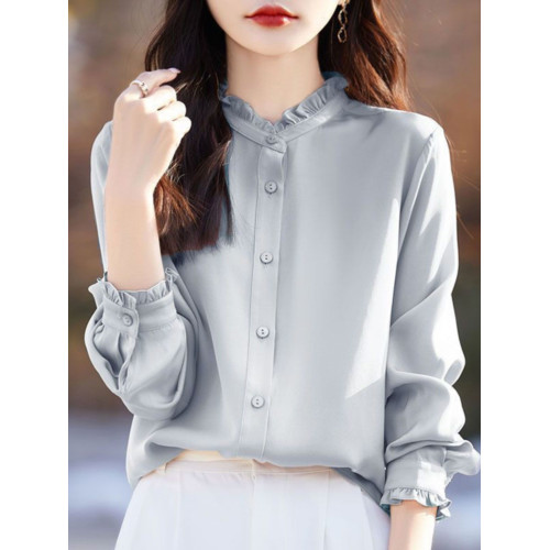 氣質木耳邊襯衫女外套襯衣立領優雅打底開衫內搭時尚上衣長袖百搭