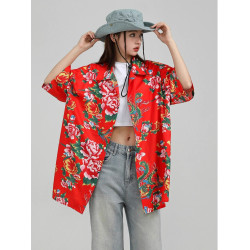 東北大花短袖襯衫女設計感小衆復古新中式國風沙灘襯衣上衣外套夏