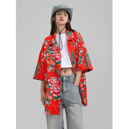 東北大花短袖襯衫女設計感小衆復古新中式國風沙灘襯衣上衣外套夏