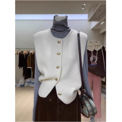 廣州十三行高級感白色針織開衫毛衣背心女秋冬小香風曡穿外搭馬甲