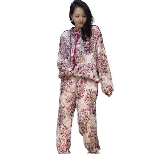 新款小碎花吸汗透氣休閒套裝燙鑽薄料雪紡拉鍊外套洋氣兩件套