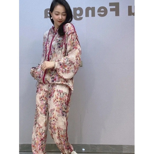 新款小碎花吸汗透氣休閒套裝燙鑽薄料雪紡拉鍊外套洋氣兩件套