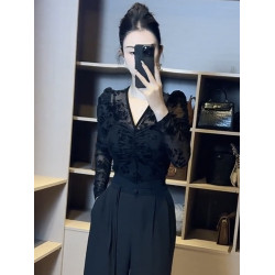 復古植絨印花長袖T恤女2024春季新款性感V領網紗小衫內搭緊身上衣