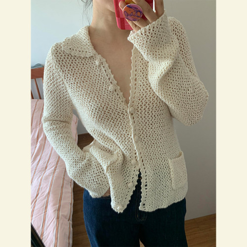 日韓尾貨剪標女裝~小衆設計高級感輕奢超好看鏤空針織衫