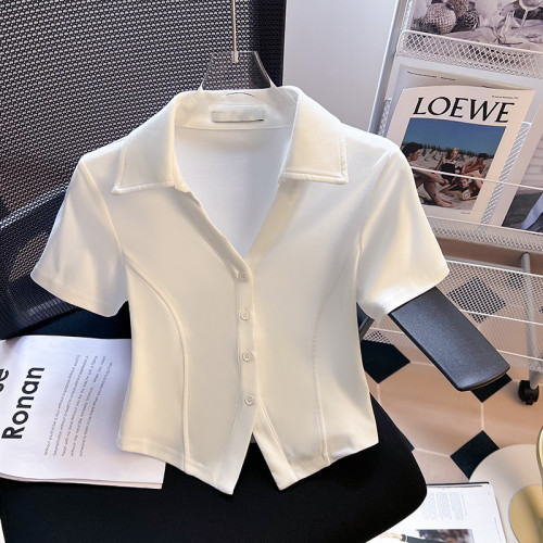 大牌買手店！辣妹Polo領短袖襯衫女夏季新款設計感時尚修身短上衣