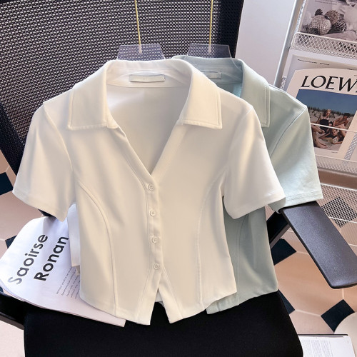 大牌買手店！辣妹Polo領短袖襯衫女夏季新款設計感時尚修身短上衣