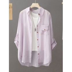 新款純色簡約上衣夏季薄款寬鬆外套長袖微透休閒百搭防曬衣女襯衫