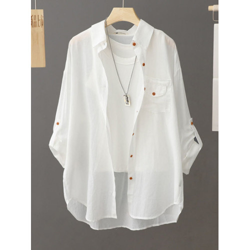 新款純色簡約上衣夏季薄款寬鬆外套長袖微透休閒百搭防曬衣女襯衫