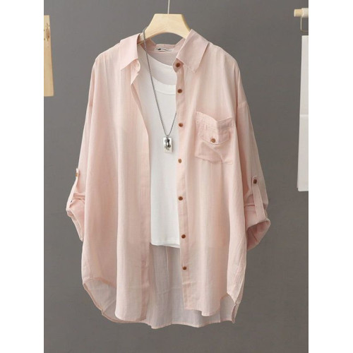 新款純色簡約上衣夏季薄款寬鬆外套長袖微透休閒百搭防曬衣女襯衫