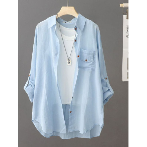 新款純色簡約上衣夏季薄款寬鬆外套長袖微透休閒百搭防曬衣女襯衫