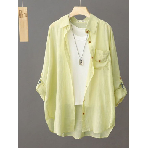 新款純色簡約上衣夏季薄款寬鬆外套長袖微透休閒百搭防曬衣女襯衫