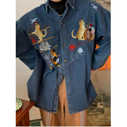 C2自製/秋季新款貓咪刺綉復古牛仔襯衫古著風oversize襯衣外套潮