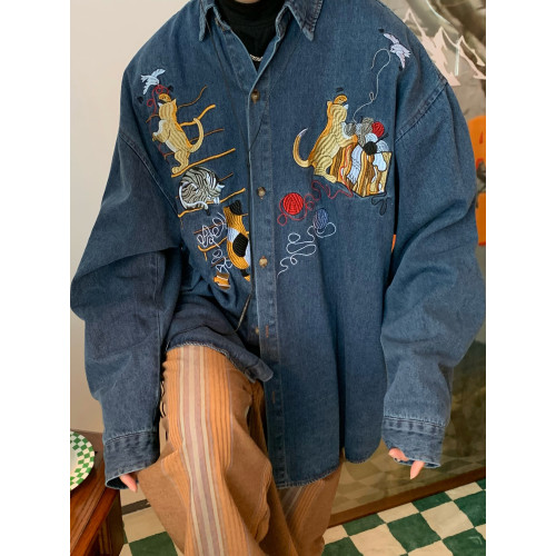 C2自製/秋季新款貓咪刺綉復古牛仔襯衫古著風oversize襯衣外套潮