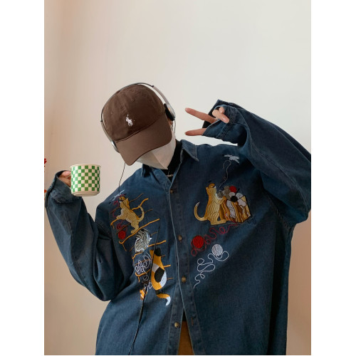 C2自製/秋季新款貓咪刺綉復古牛仔襯衫古著風oversize襯衣外套潮