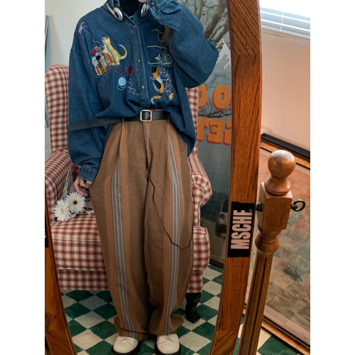 C2自製/秋季新款貓咪刺綉復古牛仔襯衫古著風oversize襯衣外套潮