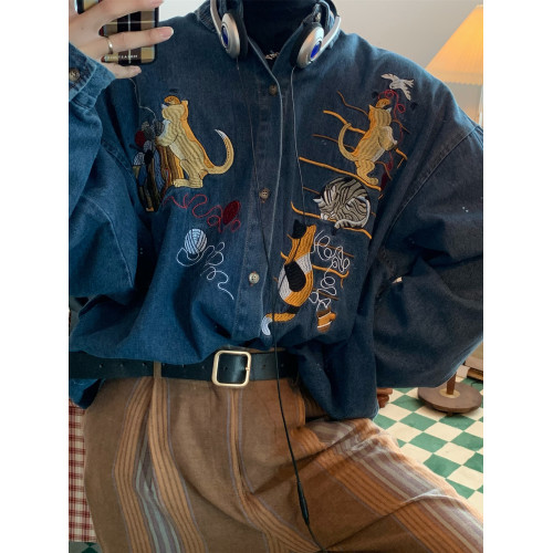 C2自製/秋季新款貓咪刺綉復古牛仔襯衫古著風oversize襯衣外套潮