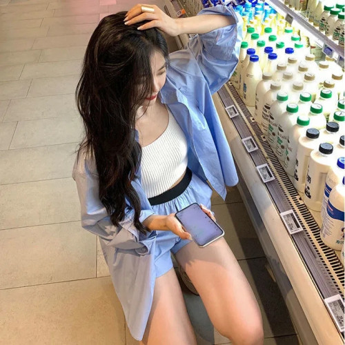 新款純棉襯衫男友風寬鬆長袖復古上衣襯衣百搭內搭天藍色製服女