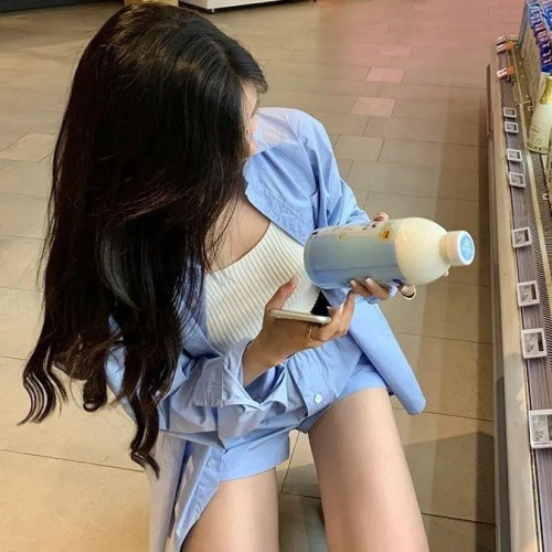 新款純棉襯衫男友風寬鬆長袖復古上衣襯衣百搭內搭天藍色製服女