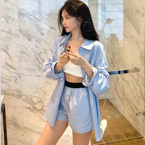 新款純棉襯衫男友風寬鬆長袖復古上衣襯衣百搭內搭天藍色製服女