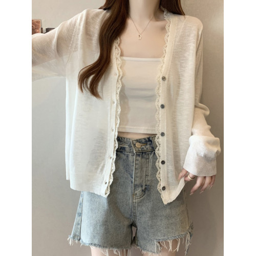 拉夏貝爾蕾絲白色防曬針織開衫女夏季2026年新款冰絲罩衫外套上衣