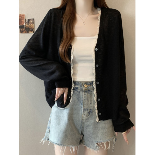 拉夏貝爾蕾絲白色防曬針織開衫女夏季2026年新款冰絲罩衫外套上衣