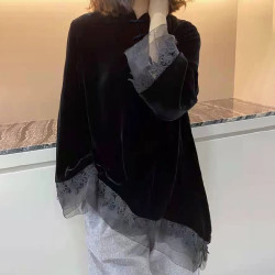 襯衣復古盤釦拼接金絲絨黑色長袖襯衫女春秋季新款2025年別致上衣