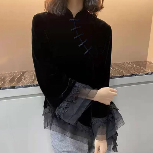 襯衣復古盤釦拼接金絲絨黑色長袖襯衫女春秋季新款2025年別致上衣