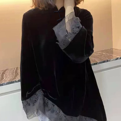 襯衣復古盤釦拼接金絲絨黑色長袖襯衫女春秋季新款2025年別致上衣