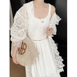 法式浪漫白色蕾絲鉤花防曬襯衫女新款洋氣微透設計顯瘦連帽上衣夏