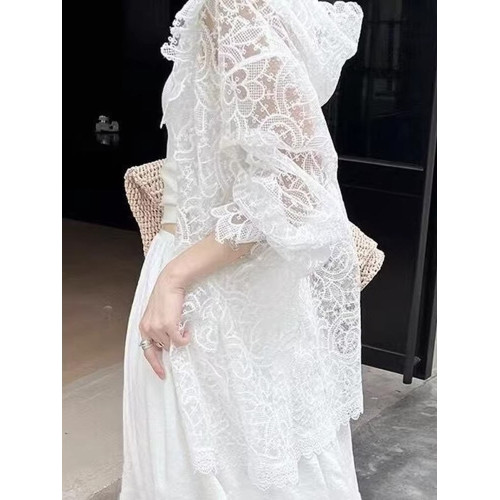 法式浪漫白色蕾絲鉤花防曬襯衫女新款洋氣微透設計顯瘦連帽上衣夏