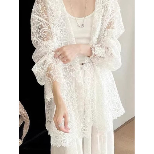 法式浪漫白色蕾絲鉤花防曬襯衫女新款洋氣微透設計顯瘦連帽上衣夏