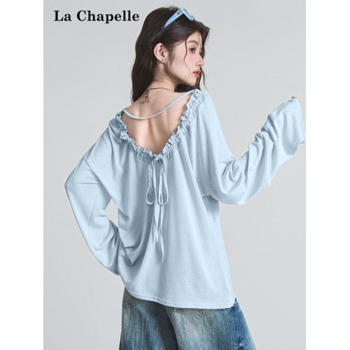 拉夏貝爾小心機寬鬆慵懶後背鏤空抽褶系帶長袖T恤女夏季防曬上衣