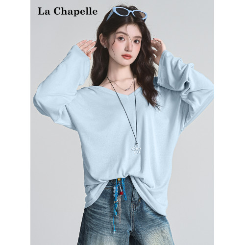 拉夏貝爾小心機寬鬆慵懶後背鏤空抽褶系帶長袖T恤女夏季防曬上衣