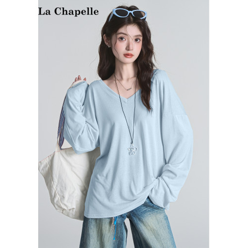 拉夏貝爾小心機寬鬆慵懶後背鏤空抽褶系帶長袖T恤女夏季防曬上衣