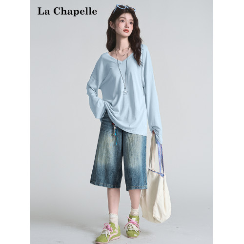 拉夏貝爾小心機寬鬆慵懶後背鏤空抽褶系帶長袖T恤女夏季防曬上衣