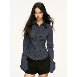 Aaisup美式條紋收腰長袖襯衫女春秋設計感辣妹修身顯瘦打底上衣潮