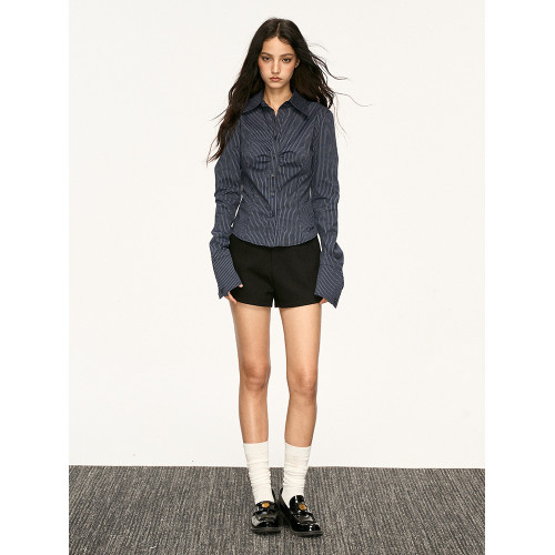 Aaisup美式條紋收腰長袖襯衫女春秋設計感辣妹修身顯瘦打底上衣潮