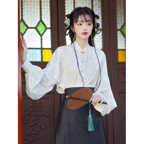馬面裙上衣2025春秋新中式國風改良白色襯衫日常通勤漢服立領襯衣